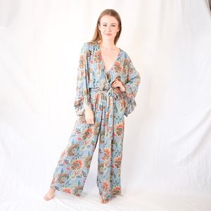 NOSTALGIA Floral Print Blue Boho Jumpsuit